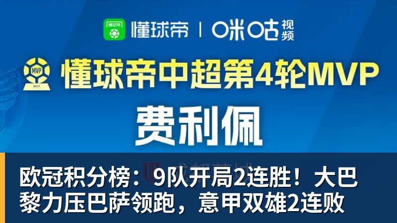 欧冠积分榜：9队开局2连胜！大巴黎力压巴萨领跑，意甲双雄2连败